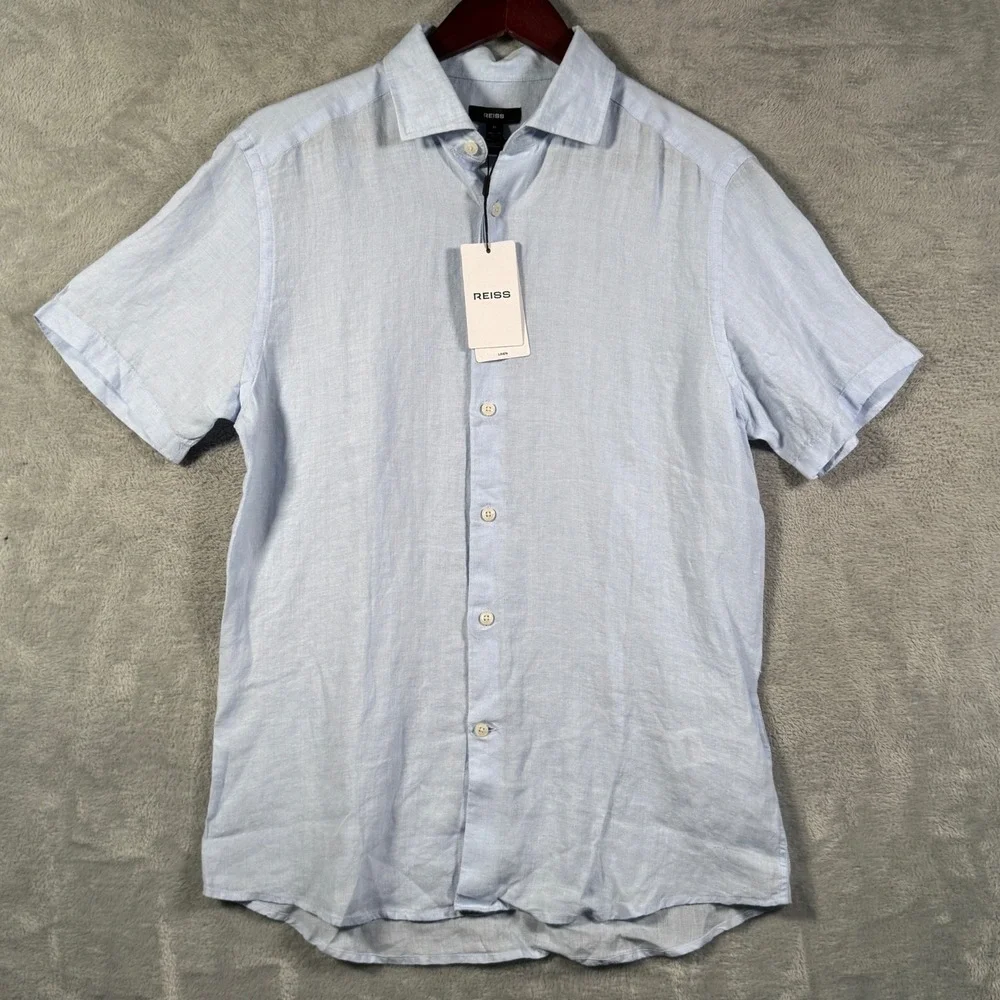 Reiss Light Blue Short Sleeve Linen Button-Down Shirt